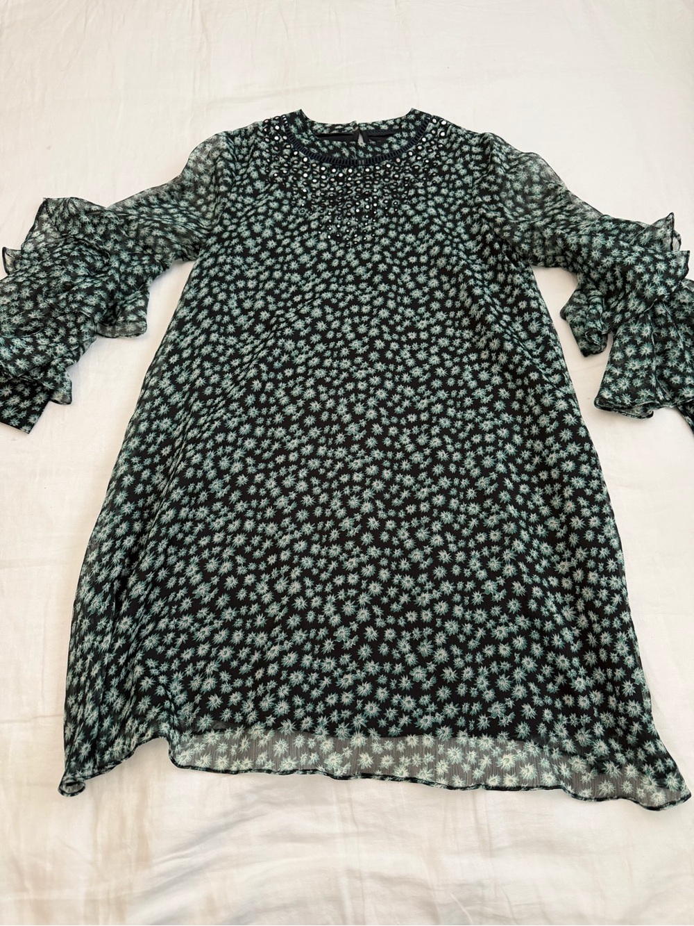 Ranna Gill Black Top with Mint Floral Embroidery